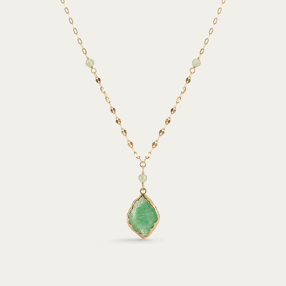 9ct Yellow Gold Beaded Chain Green Aventurine Pendant