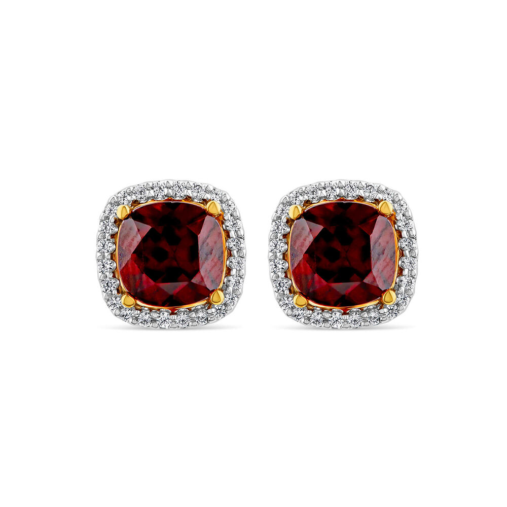 9ct Yellow Gold 0.15ct Cushion Garnet & Diamond Stud Earrings