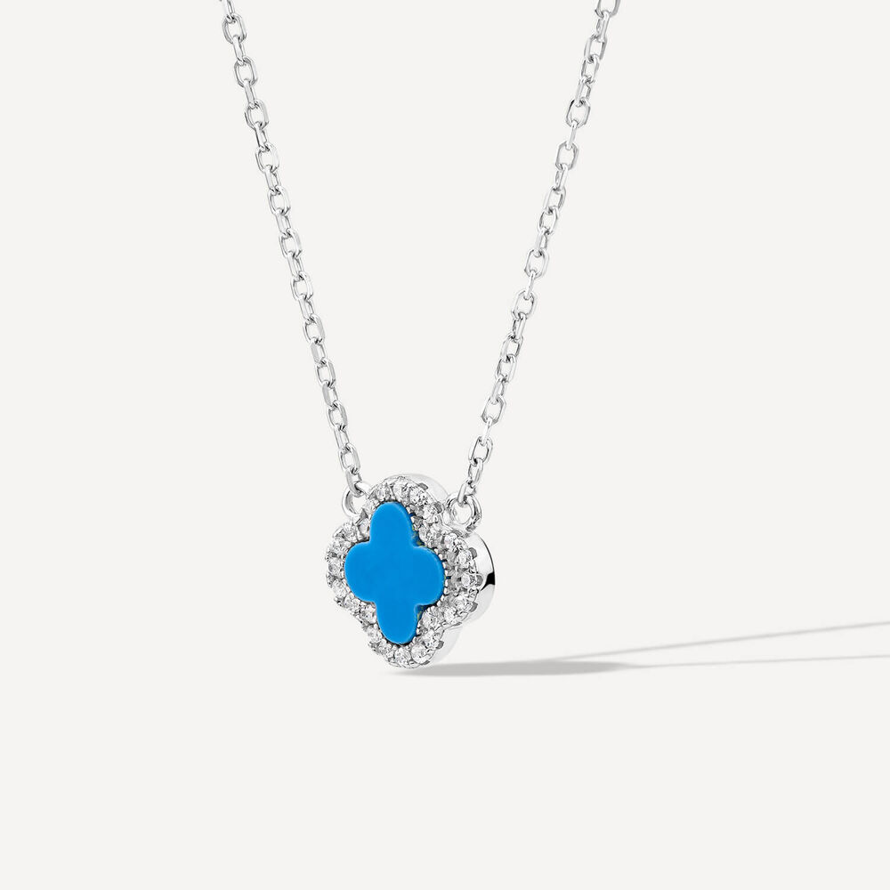 Sterling Silver Turqoise Centre Cubic Zirconia Set Clover Petal Necklet