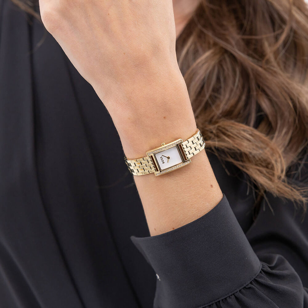BOSS Lucy Precious 18x28mm Rectangular Silver Dial Crystal Bezel Gold Tone Steel Bracelet Watch image number 4