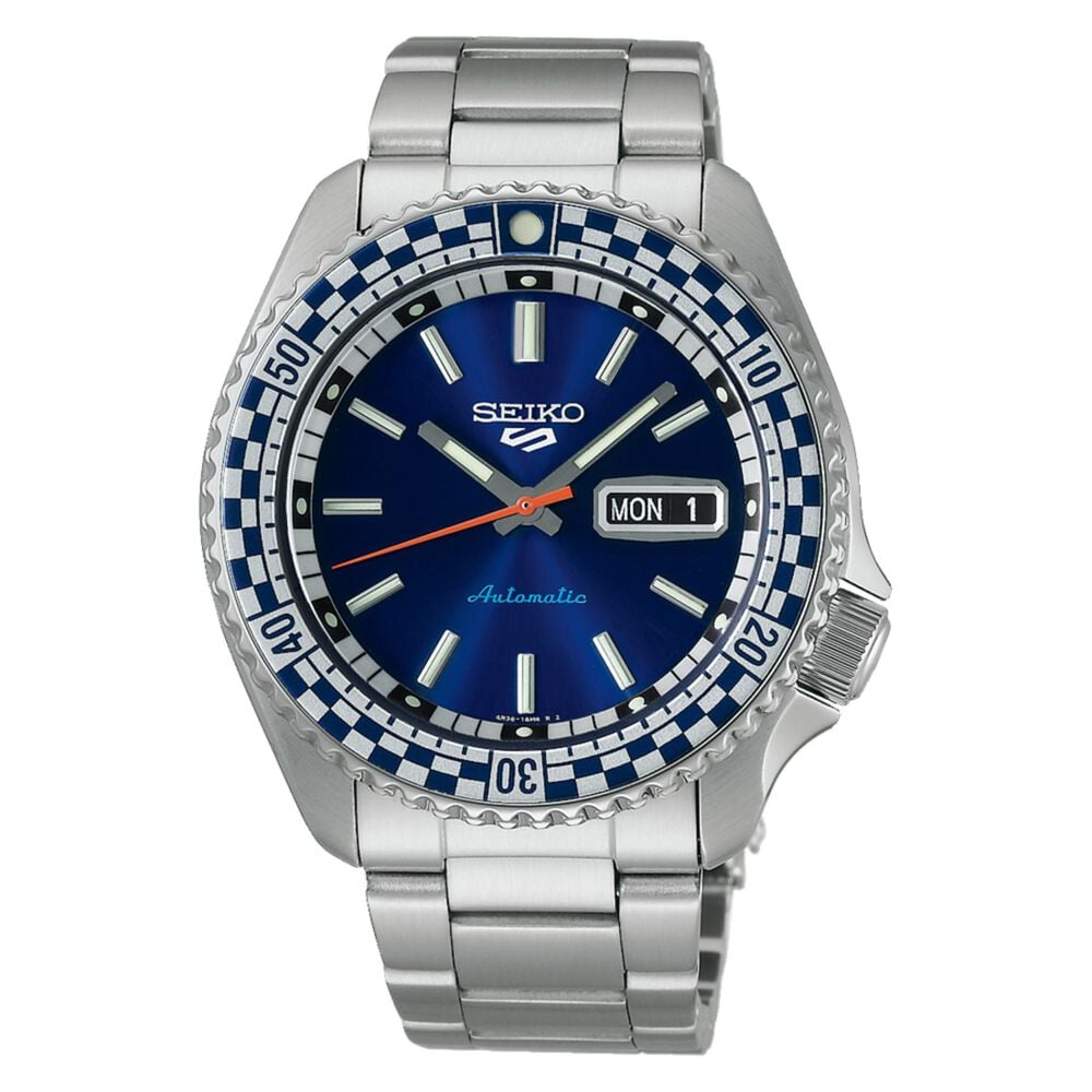 Seiko 5 Sports Petrol Blue ‘Checker Flag’ Special Edition 42.5mm Dial Steel Bracelet Watch image number 0