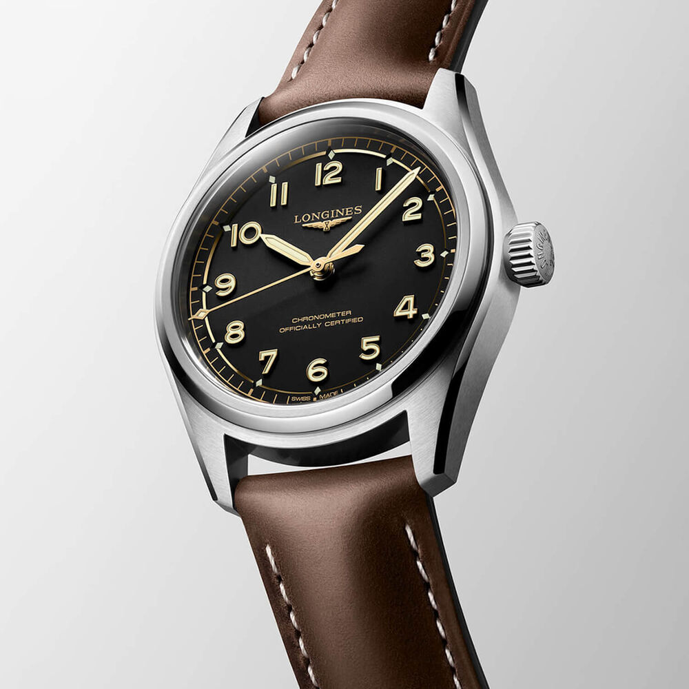Longines Spirit Pilot 39mm Black Dial Brown Leather Strap Watch image number 2