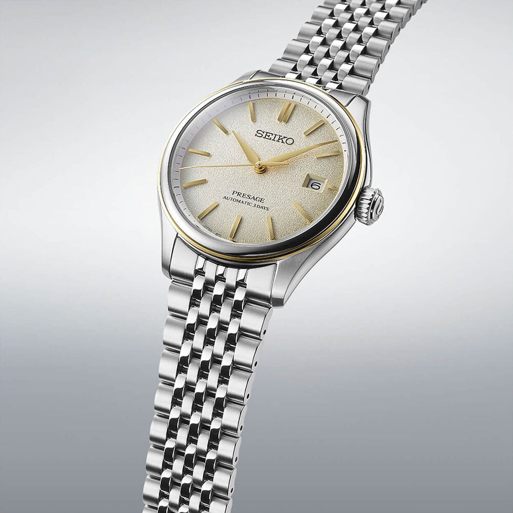 Seiko Presage Classic Series 40.2mm Delicate Cream Silk Dial Steel Bracelet Watch image number 2