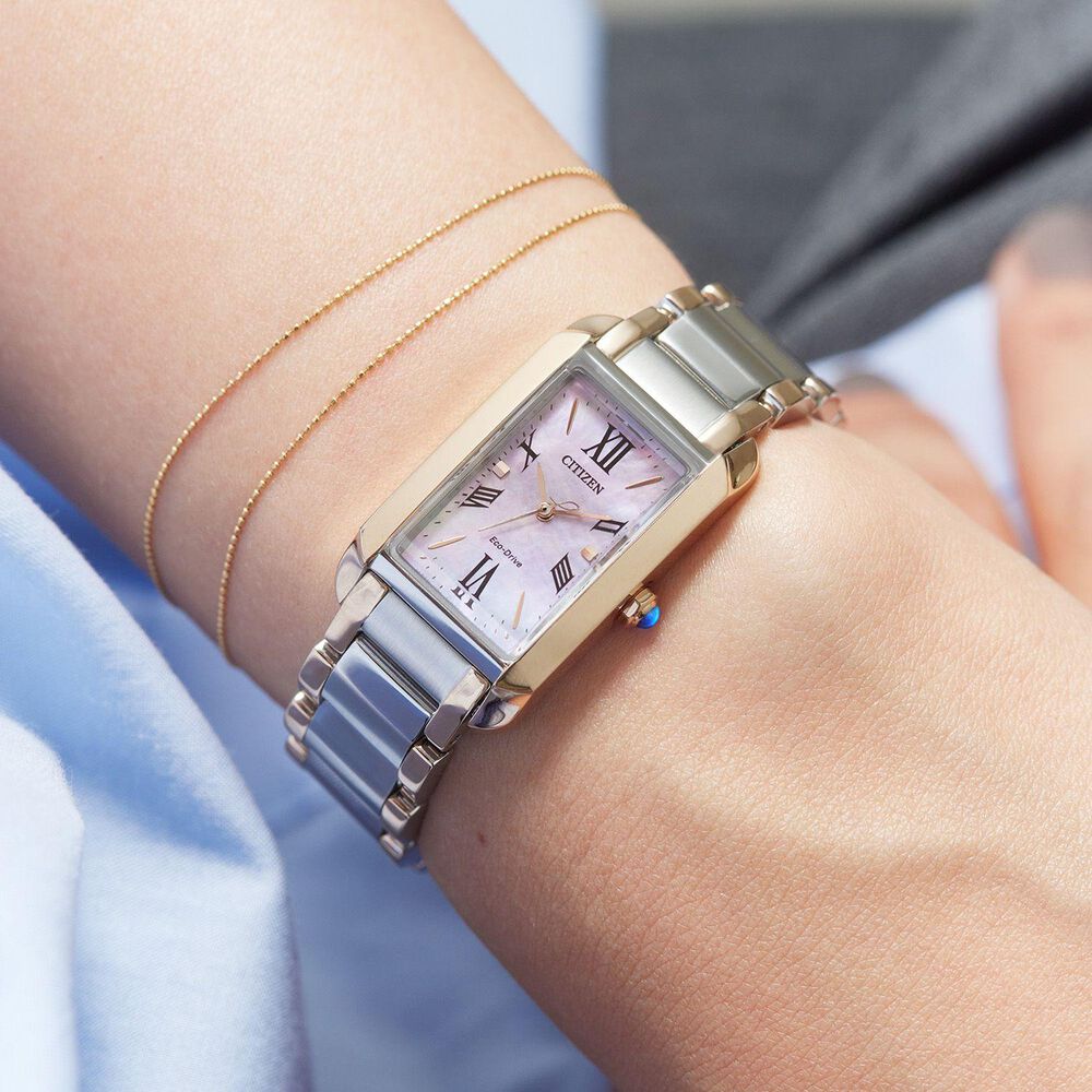 Citizen Eco-Drive L Bianca 32x19mm Mother of Pearl Dial Two Tone Steel Bracelet Watch image number 7