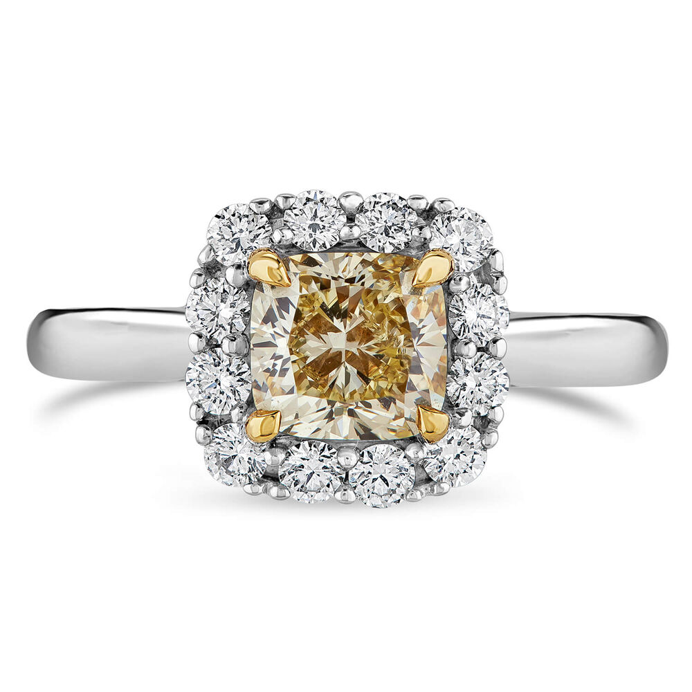 Northern Star 1.34ct Yellow Cushion Diamond 18ct White Gold Halo Ring