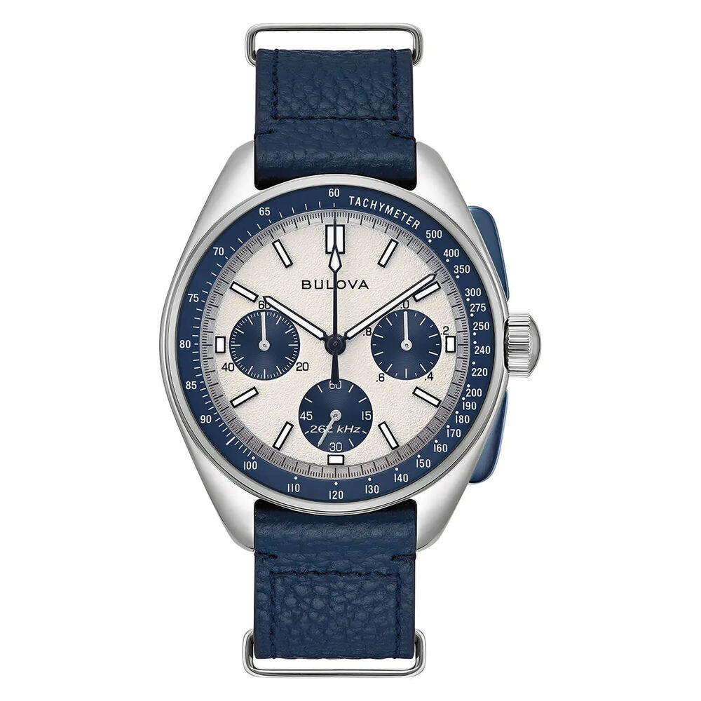 Bulova Heritage Lunar Pilot 43.5mm Chronograph White & Blue Dial Bracelet Watch image number 3
