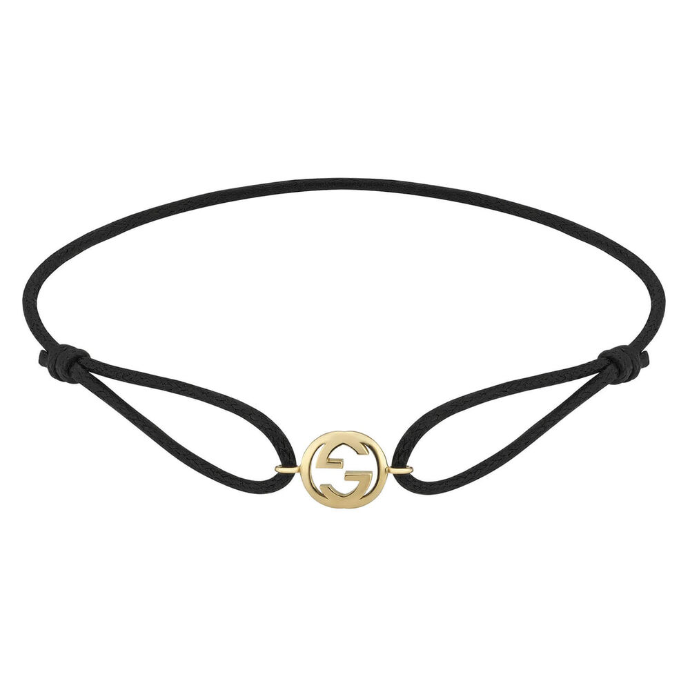 Gucci Interlocking G 18ct Yellow Gold Charm Black Cotton Cord Bracelet