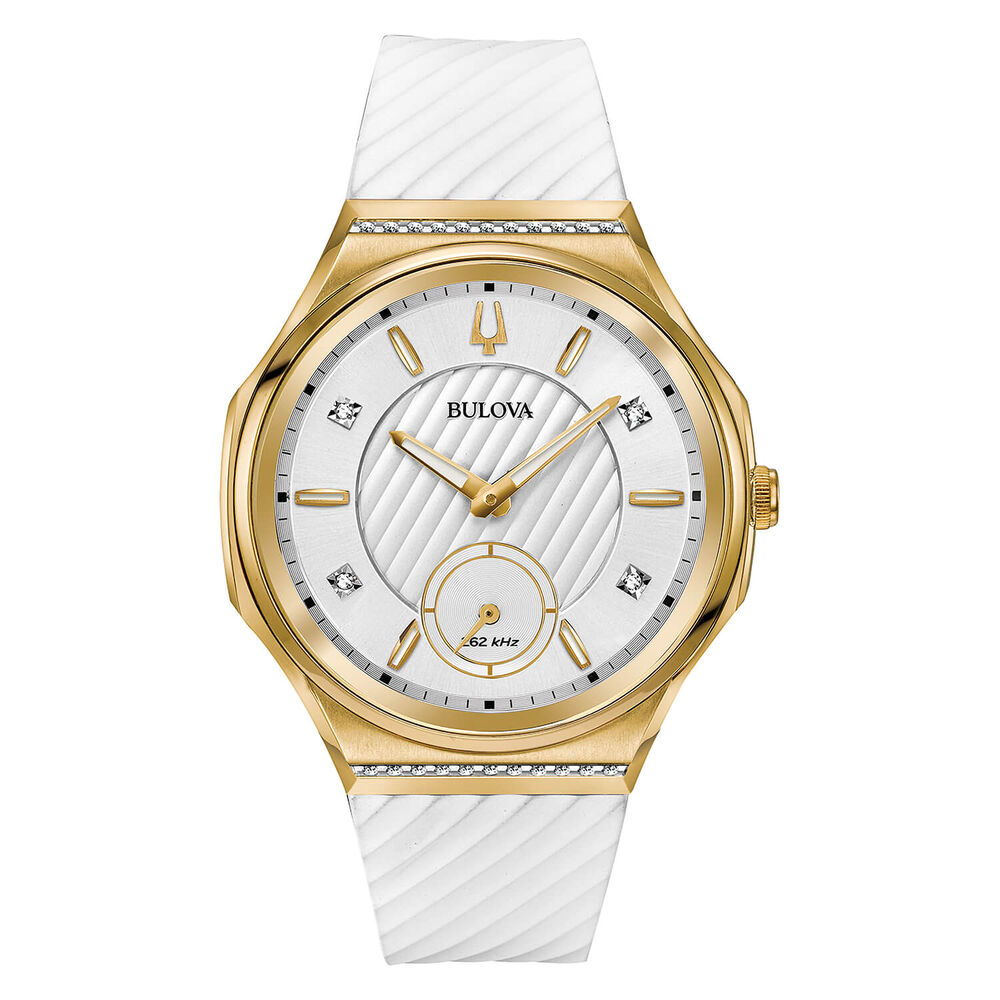 Bulova Curv White Dial Yellow Gold PVD Case White Rubber Strap Watch image number 0