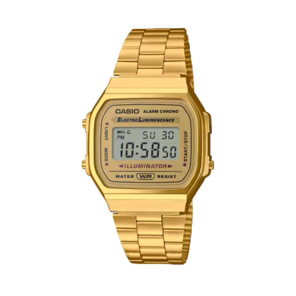 Casio Vintage 38.6x36.3mm Gold Digital Display Gold Tone Stainless Steel Bracelet Watch