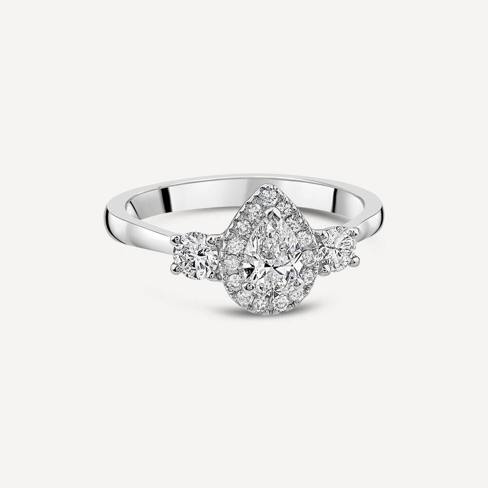 Platinum 0.72ct Pear Halo & 2 Side Stones Diamond Engagement Ring image number 2