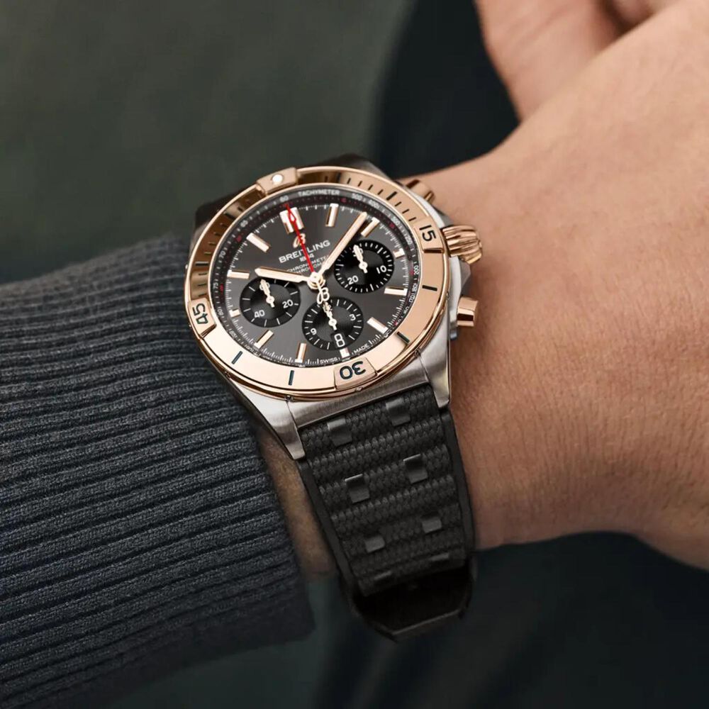 Breitling Chronomat B01 42mm Black Dial Rose Gold Bezel Rubber Strap Watch image number 4