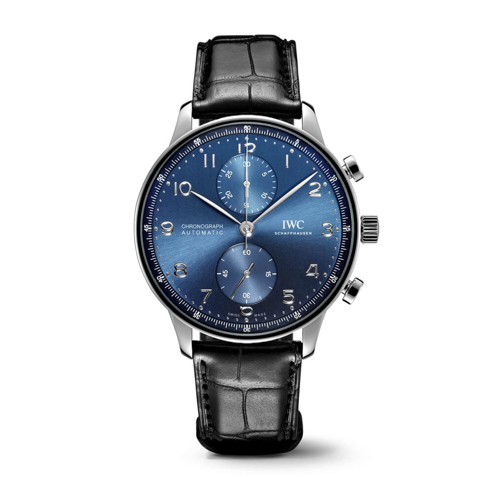 IWC Schaffhausen Portugieser Chronograph Blue Dial Black Strap Watch