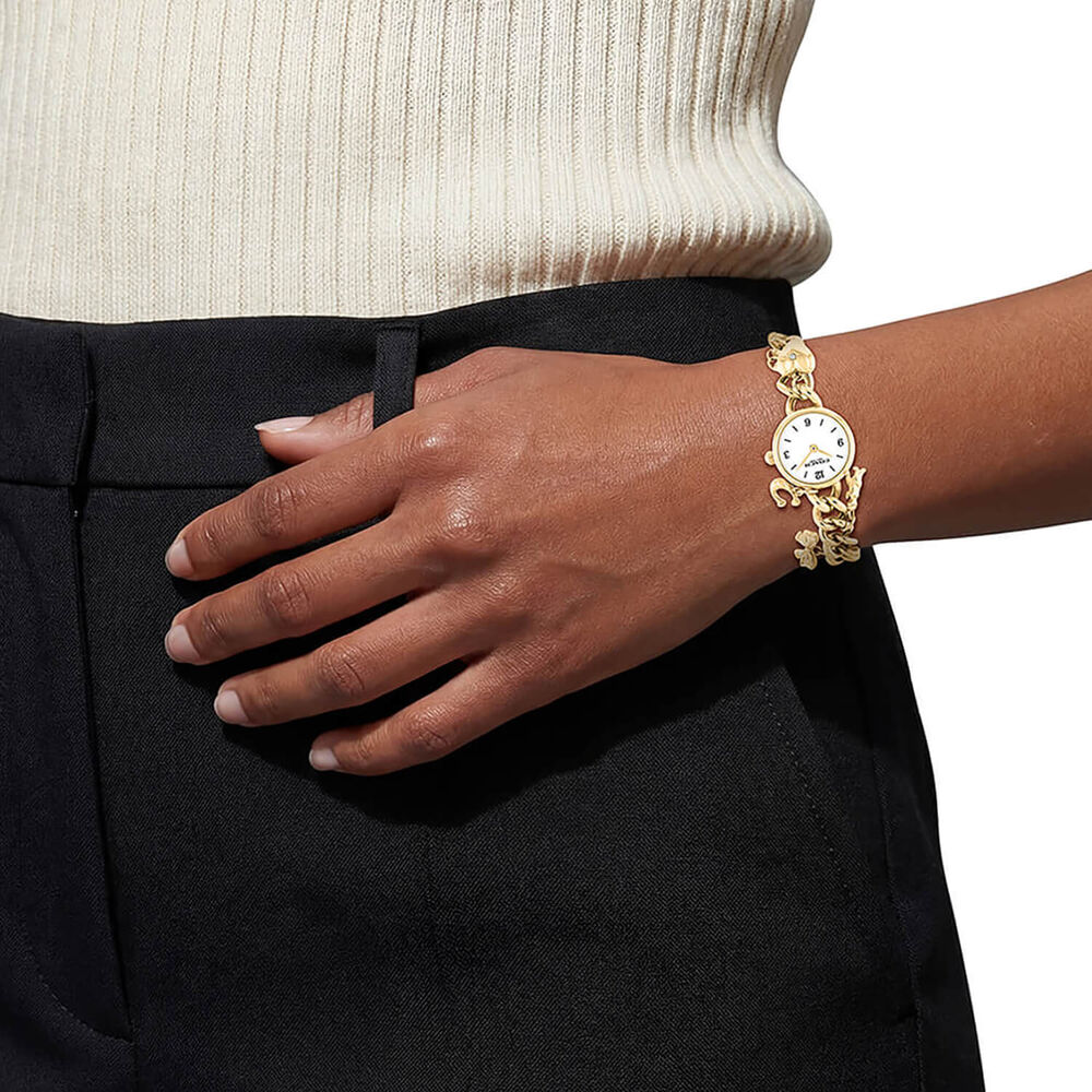 Coach Iris 22mm White Dial Gold Tone Steel Charm Bracelet Watch