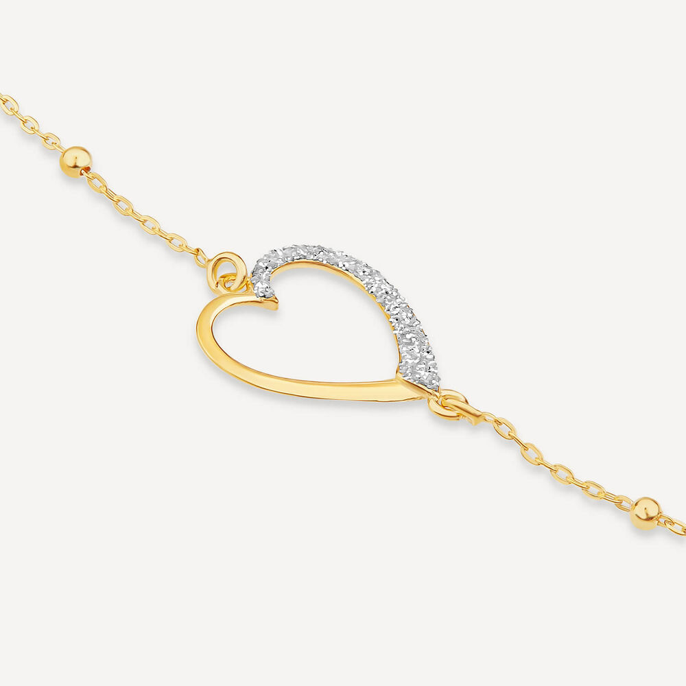 9ct Yellow Gold Half Glitter & Polished Heart Bead Bracelet image number 2