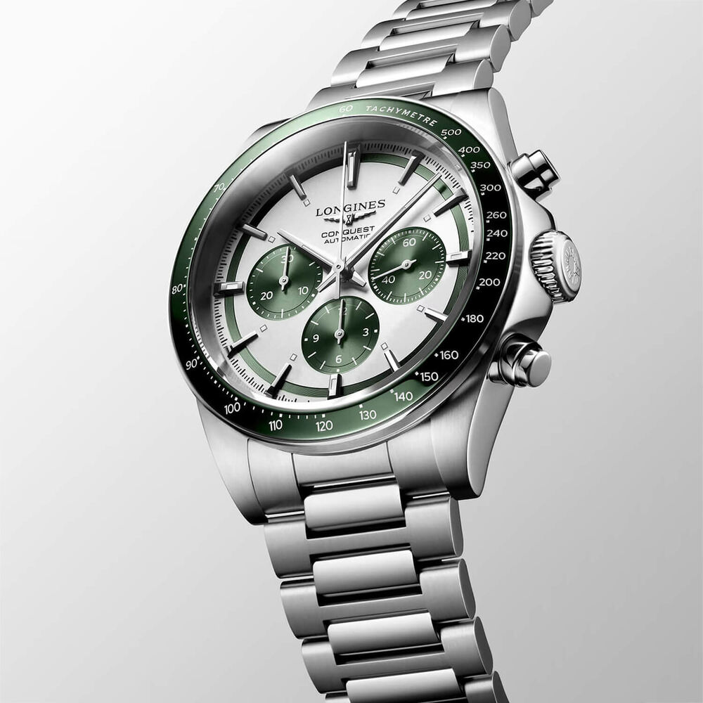 Longines Conquest 42mm Silver Dial Green Bezel Steel Bracelet Watch image number 1