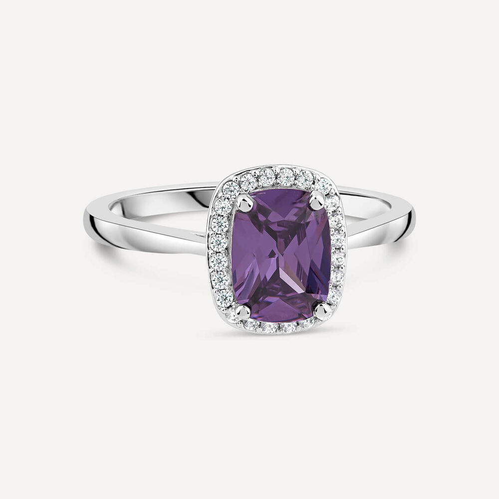 9ct White Gold Rectangular Amethyst Centre 0.12ct Diamond Halo Ring image number 2