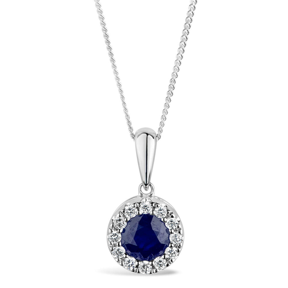 9ct White Gold Diamond and Sapphire Round Halo Pendant
