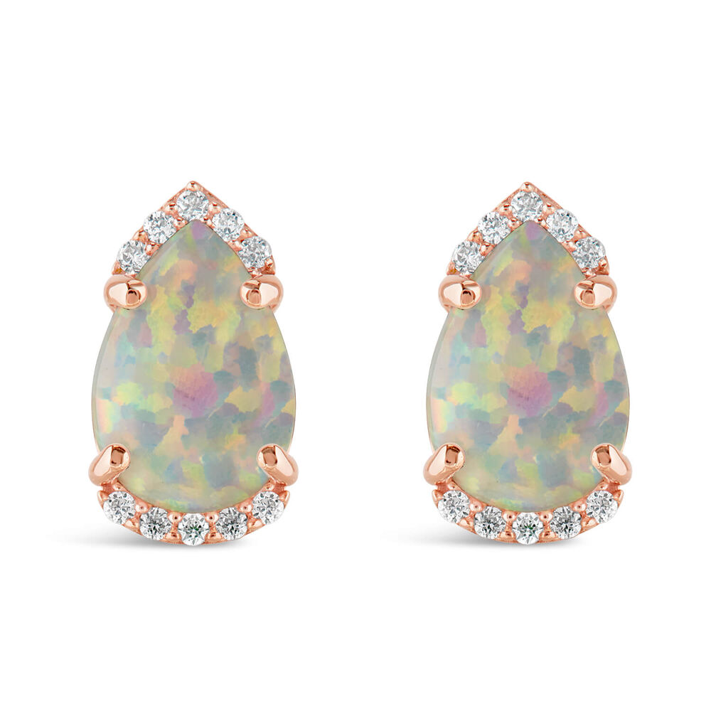 9ct Rose Gold Created Opal Diamond Top & Bottom Pear Stud Earrings