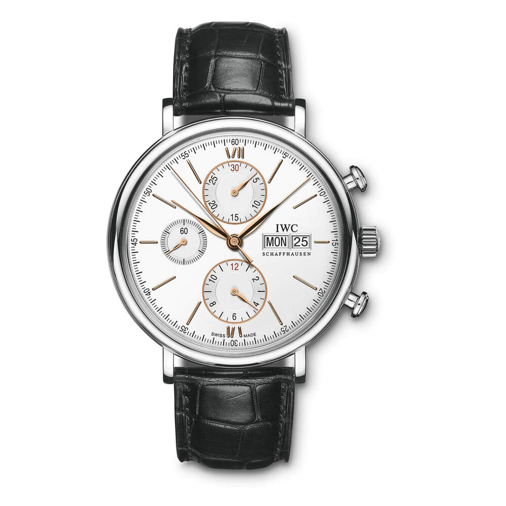 IWC Schaffhausen Portofino Chronograph Silver Dial Black Strap Watch