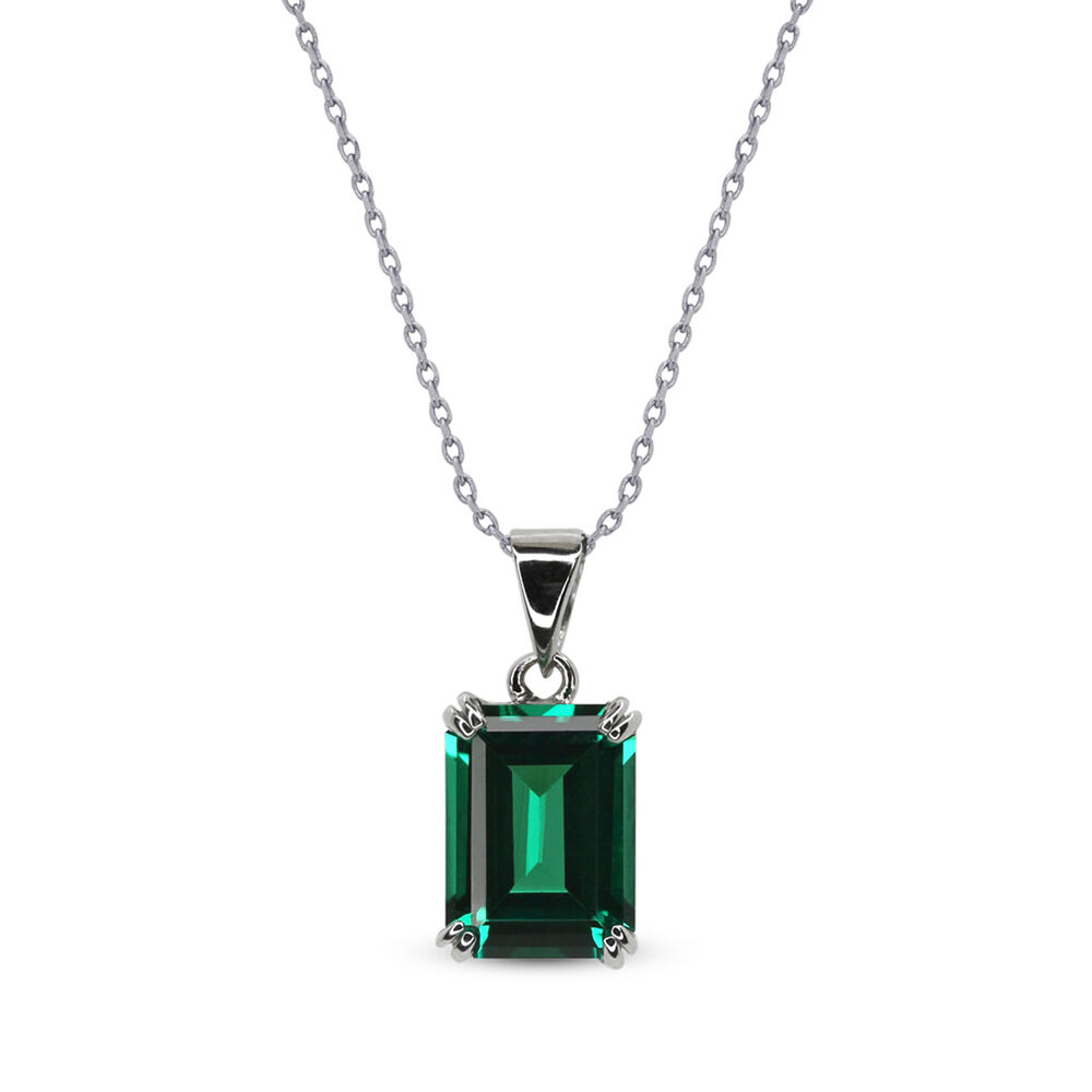 CARAT* London 9ct White Gold Emerald Cut Green Pendant