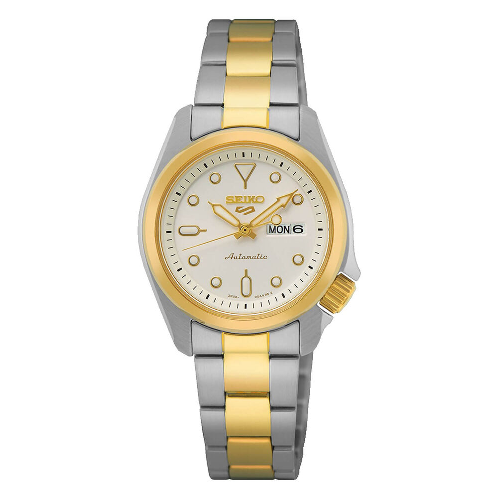 Seiko 5 Sports ‘Compact’ 28mm White Dial Two-Tone Steel Bracelet Watch