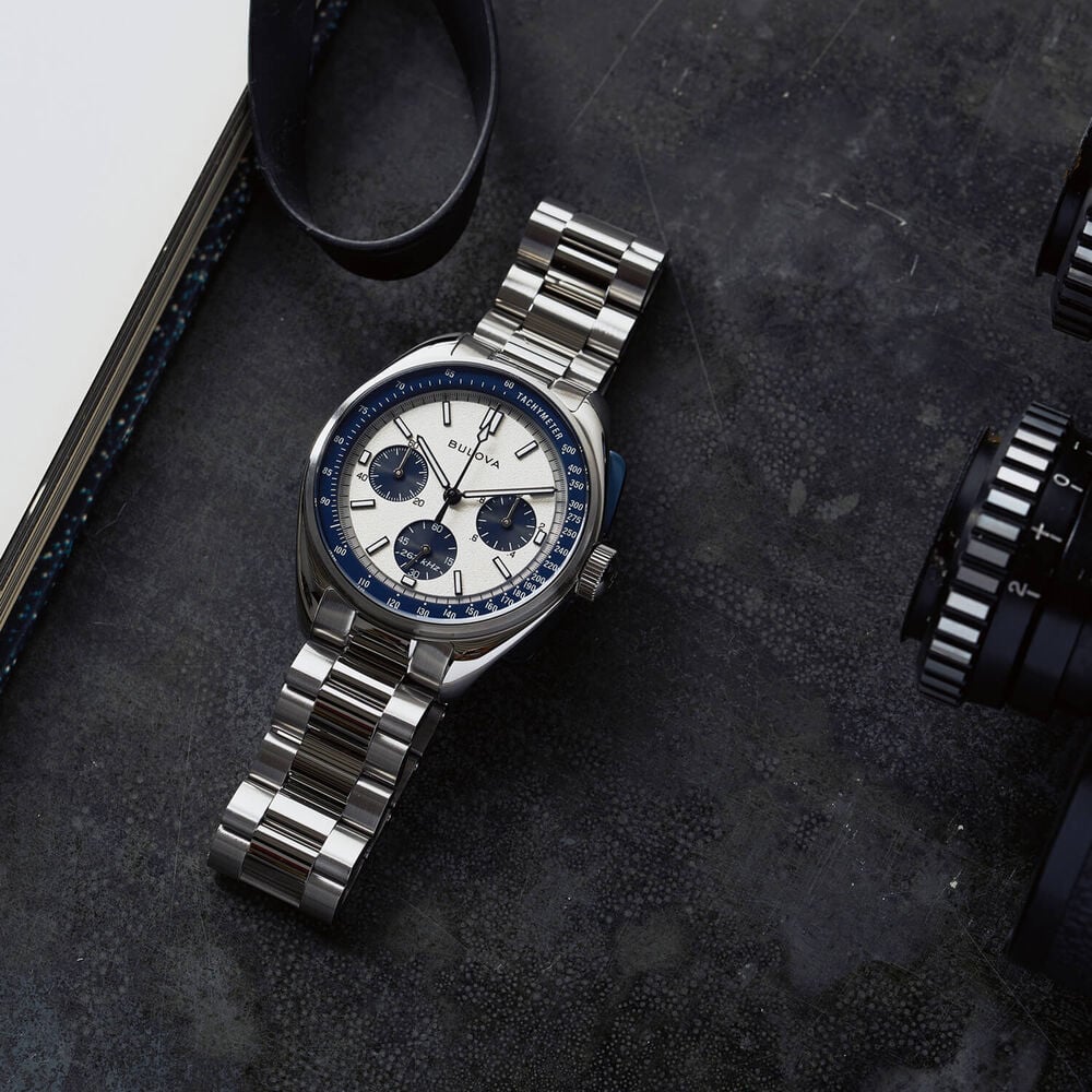 Bulova Lunar Pilot 43.5mm Blue & Silver Dial Steel Bracelet & Blue Leather Strap Set Watch image number 8