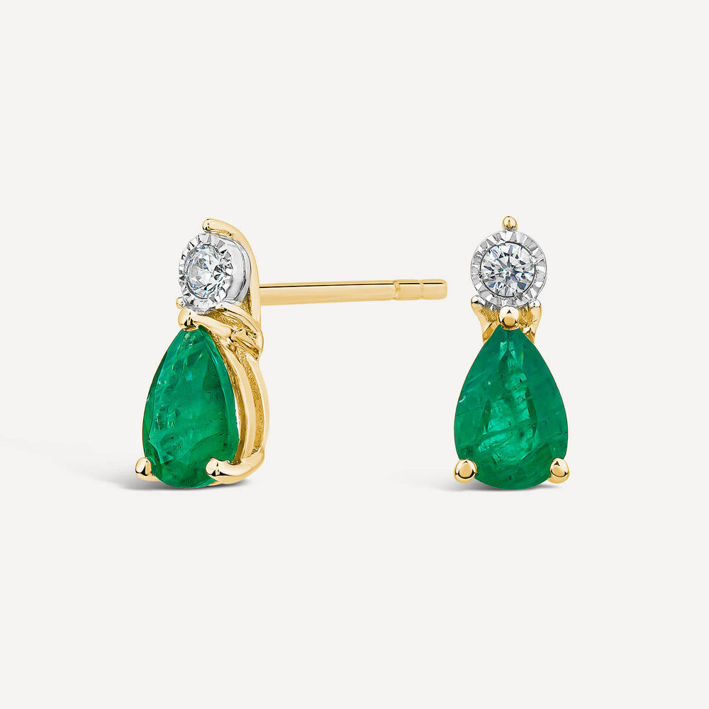 9ct Yellow Gold Pear Emerald & Diamond Top Drop Earrings image number 1