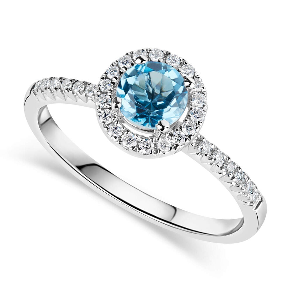 9ct White Gold 0.15ct Diamond and Blue Topaz Halo Ring