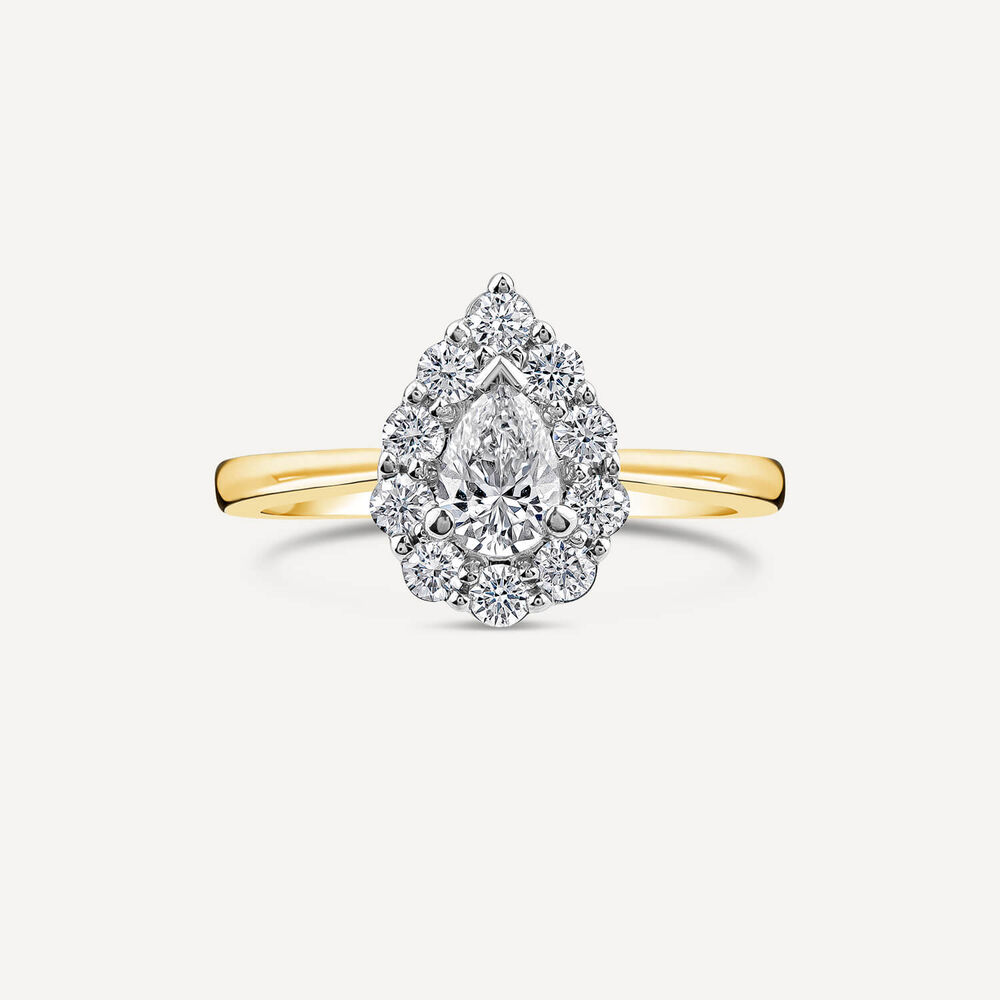18ct Yellow Gold 0.77 Pear Diamond Halo Engagement Ring image number 1