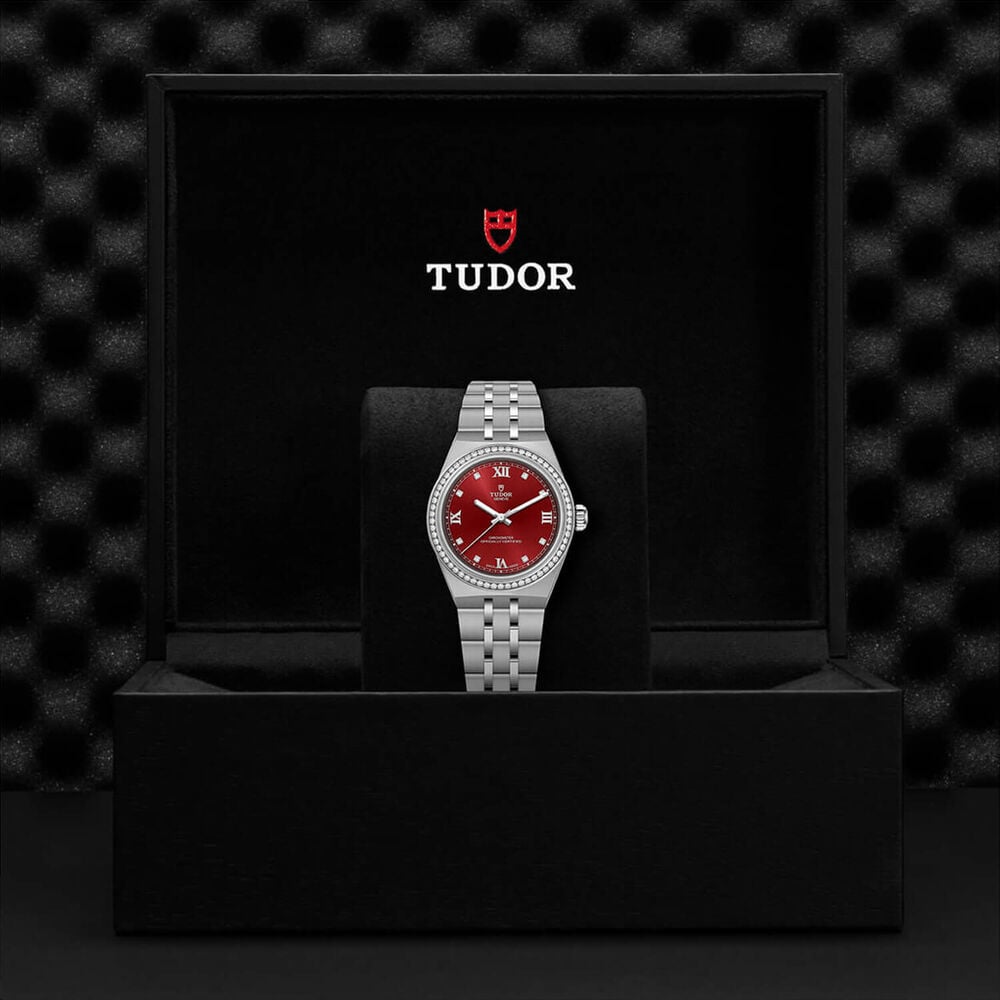 TUDOR Royal 30mm Burgundy Dial Diamond Bezel Steel Bracelet Watch