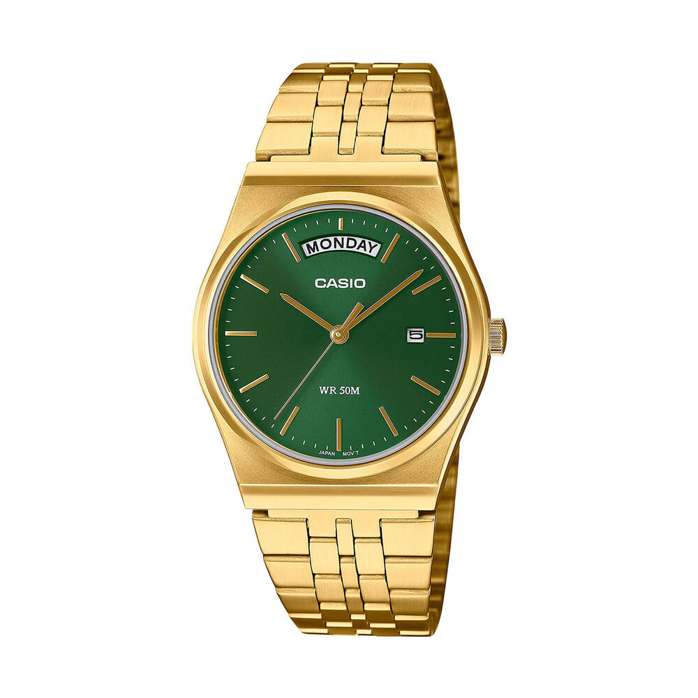 Casio MTP 35mm Green Dial Gold Tone Stainless Steel Bracelet Watch