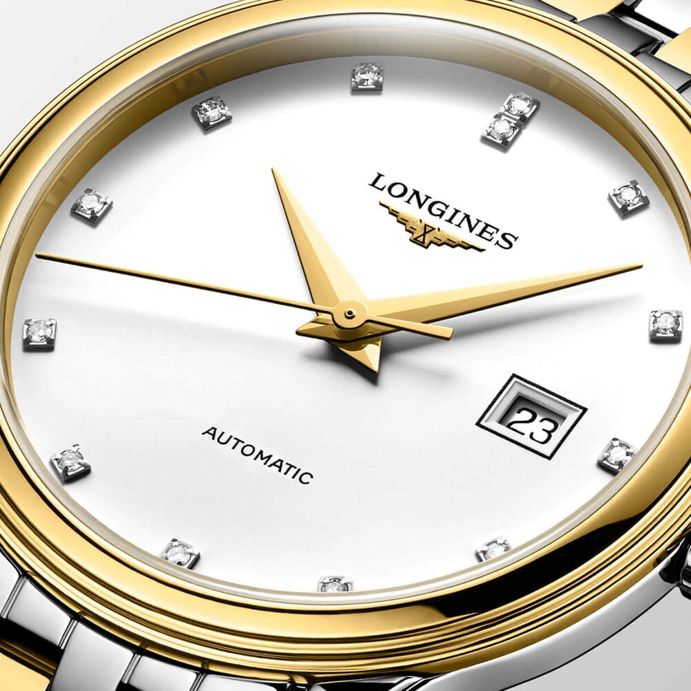 Longines Elegance Flagship Classic 30mm White Dial Diamond Dots Gold PVD Steel Bracelet Watch image number 1