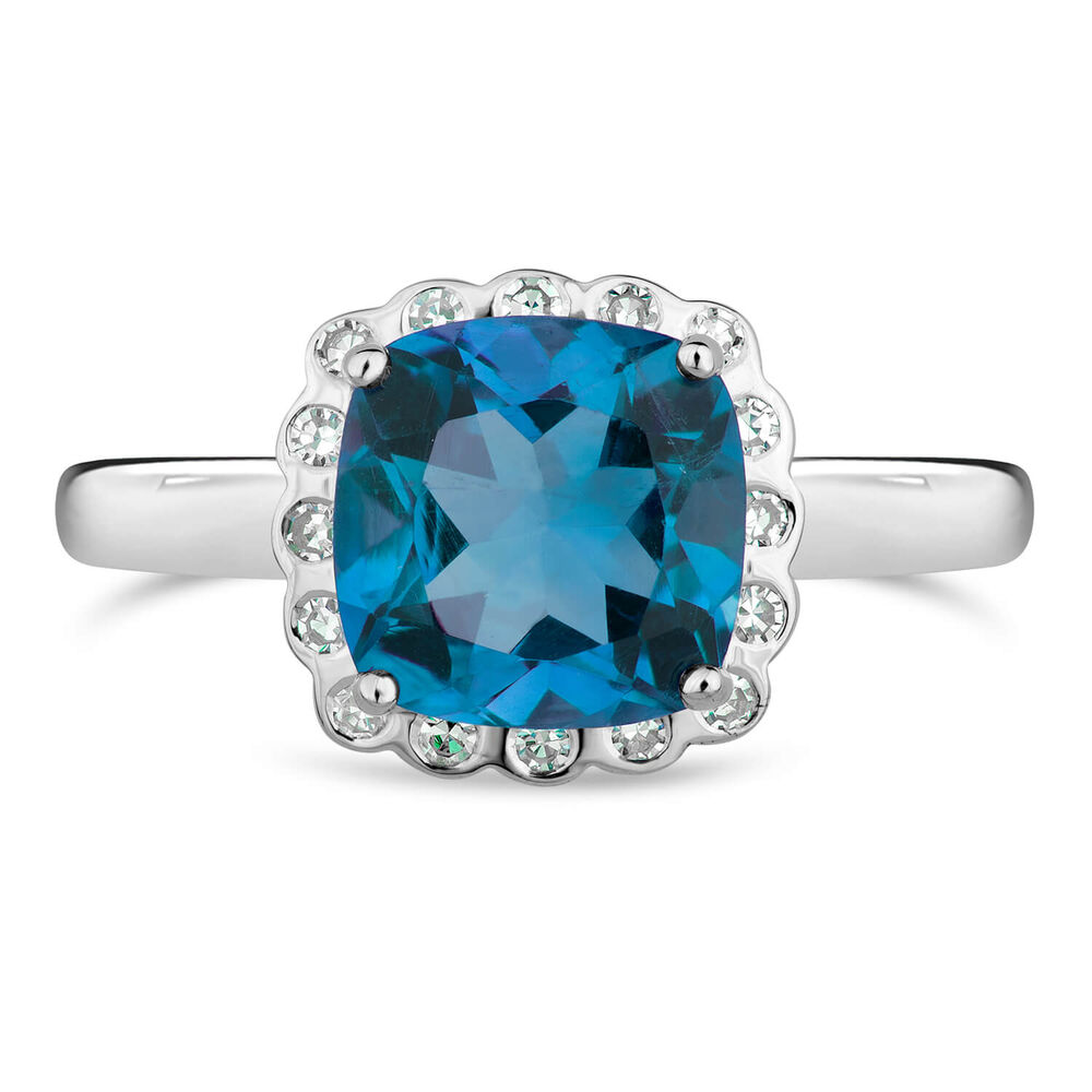 9ct White Gold Blue Topaz And Diamond Cushion Halo Ring
