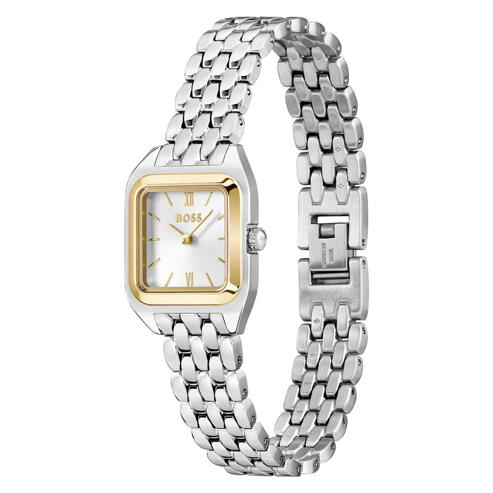 BOSS Mae Petite 22mm Square Silver Dial Gold Tone Bezel Steel Bracelet Watch image number 2