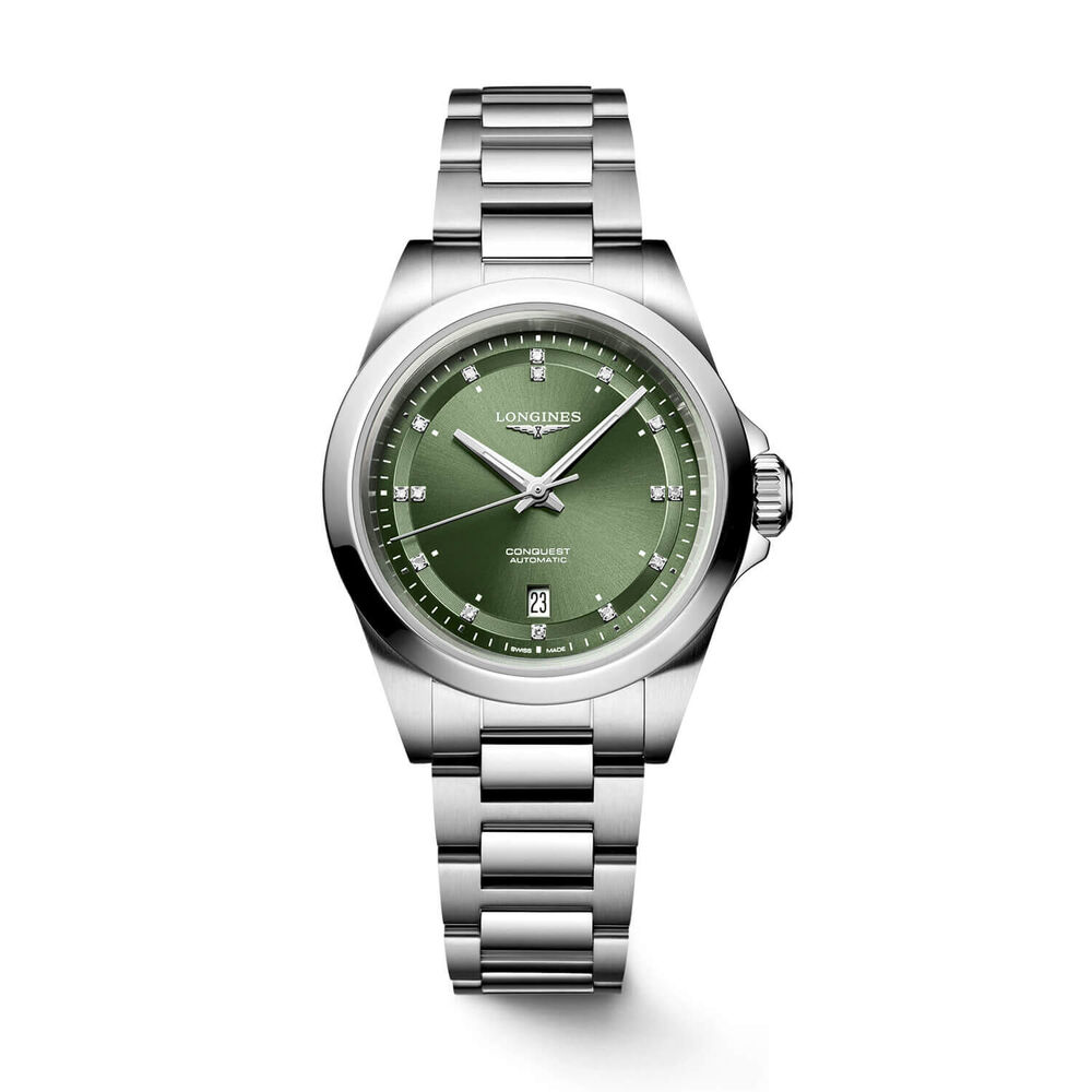 Longines Conquest 30mm Green Dial Diamond Dots Steel Bracelet Watch image number 0