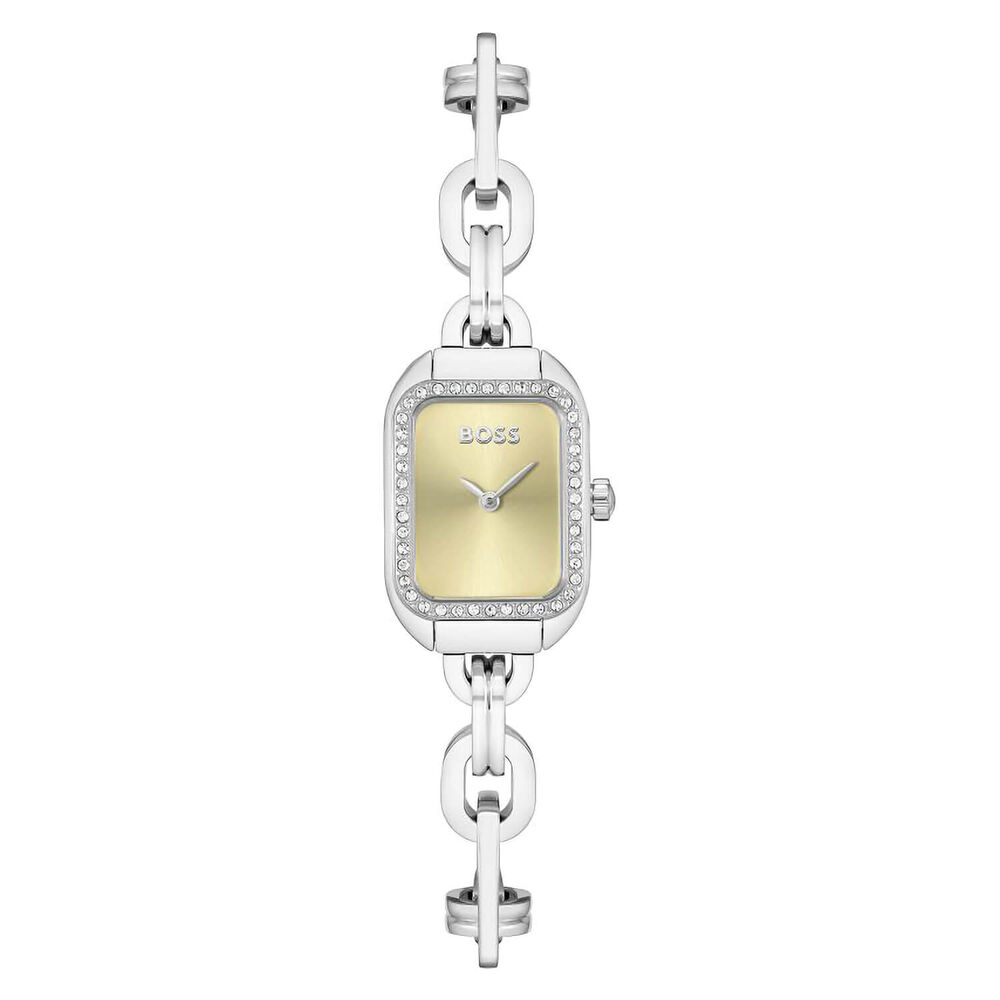 BOSS Hailey Rectangular Yellow Gold Dial Steel Bracelet Watch image number 0