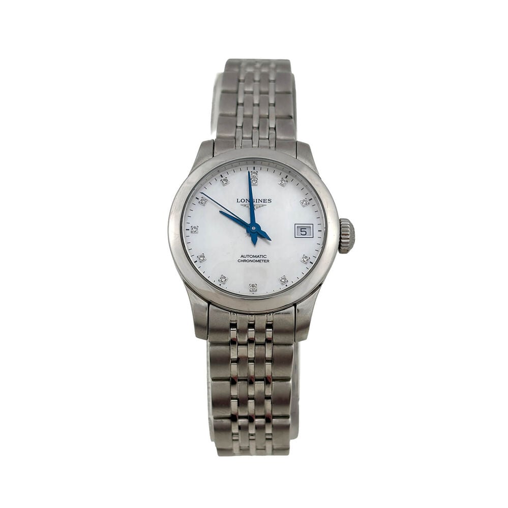 Pre-Owned Longines Record 26mm White Mother of Pearl Dial Diamond Dots Steel Bracelet Watch image number 0