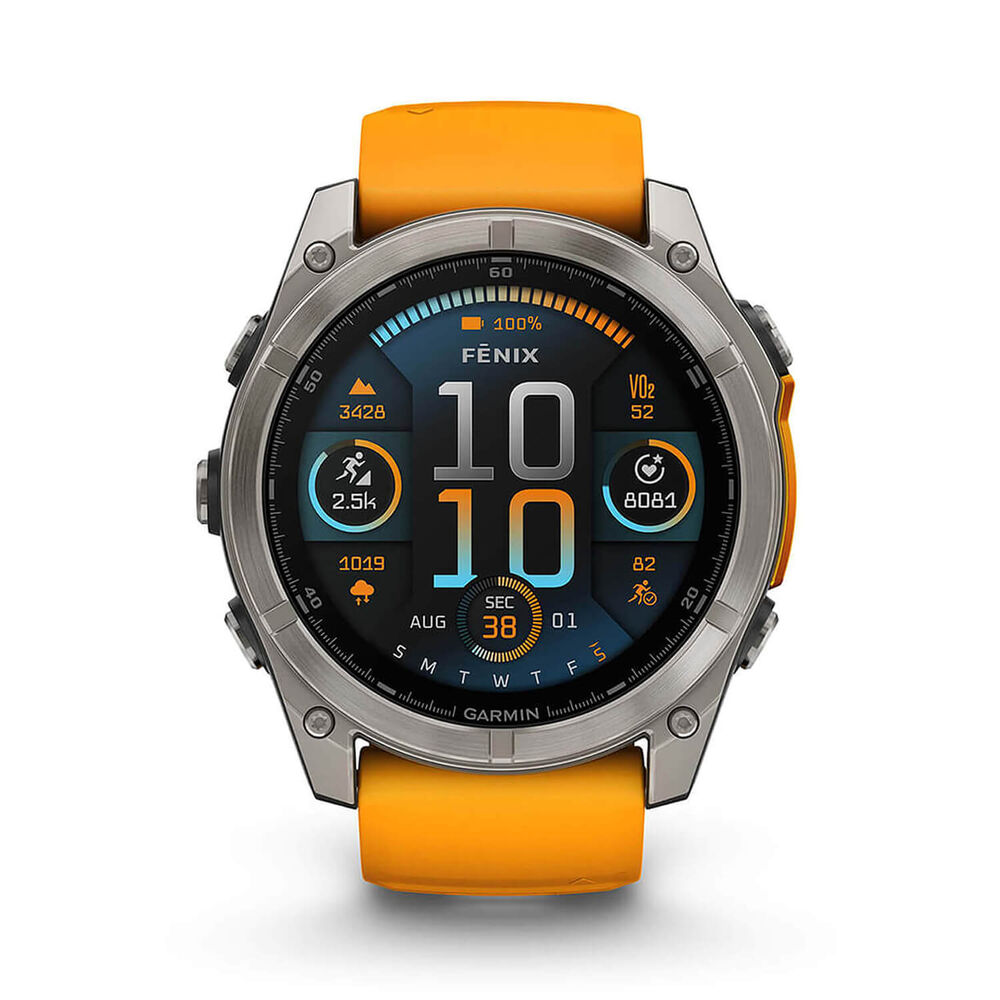 Garmin fenix® 8 AMOLED Sapphire 51mm Titanium Case Spark Orange Graphite Silicon Strap Watch image number 1