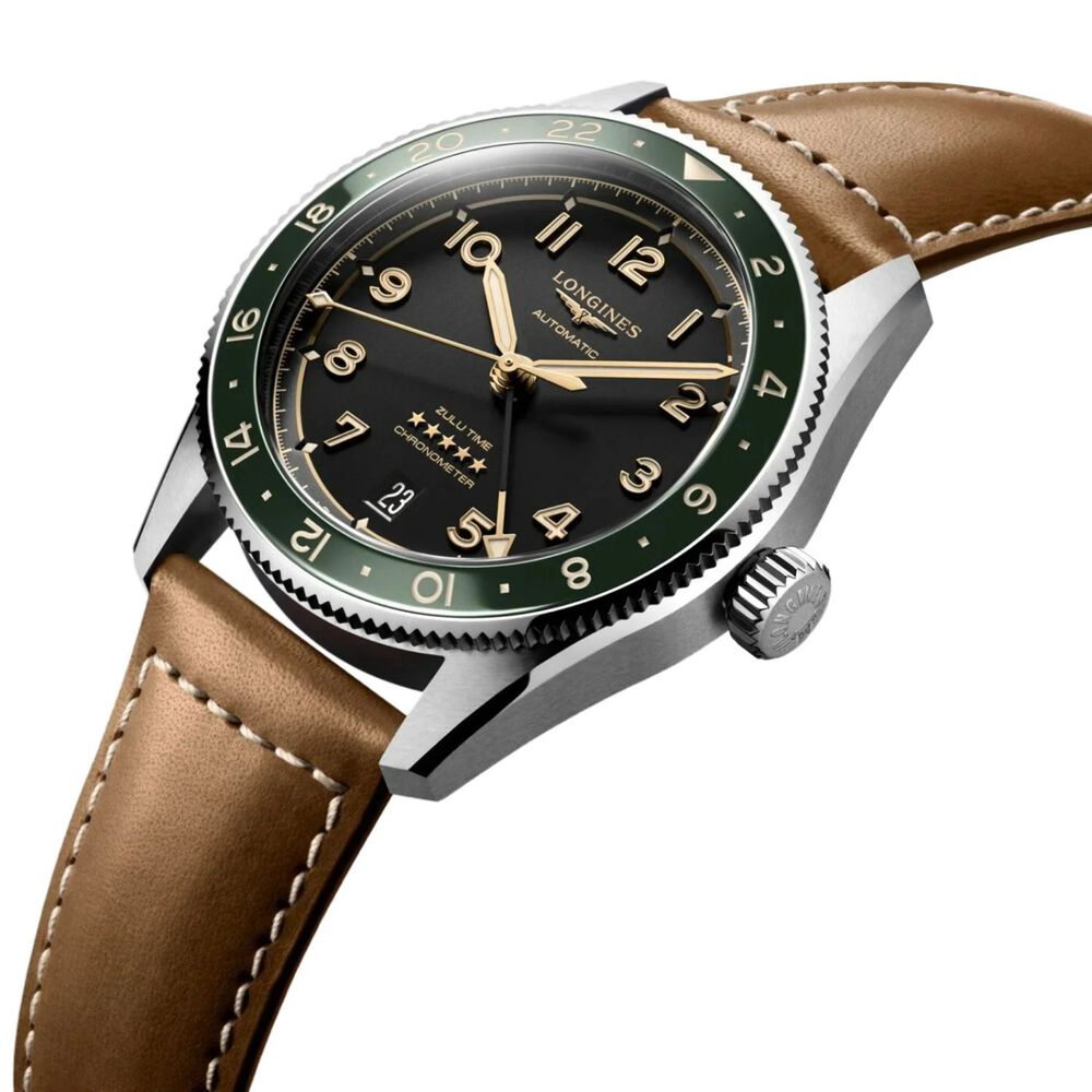 Longines Spirit 39mm Black Dial Stainless Steel & Ceramic Case Leather Strap Watch image number 1