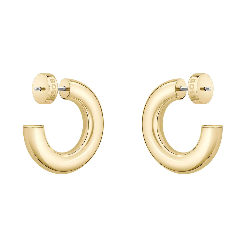 BOSS Live Gold Tone Steel Logo Detail Hoop Earrings