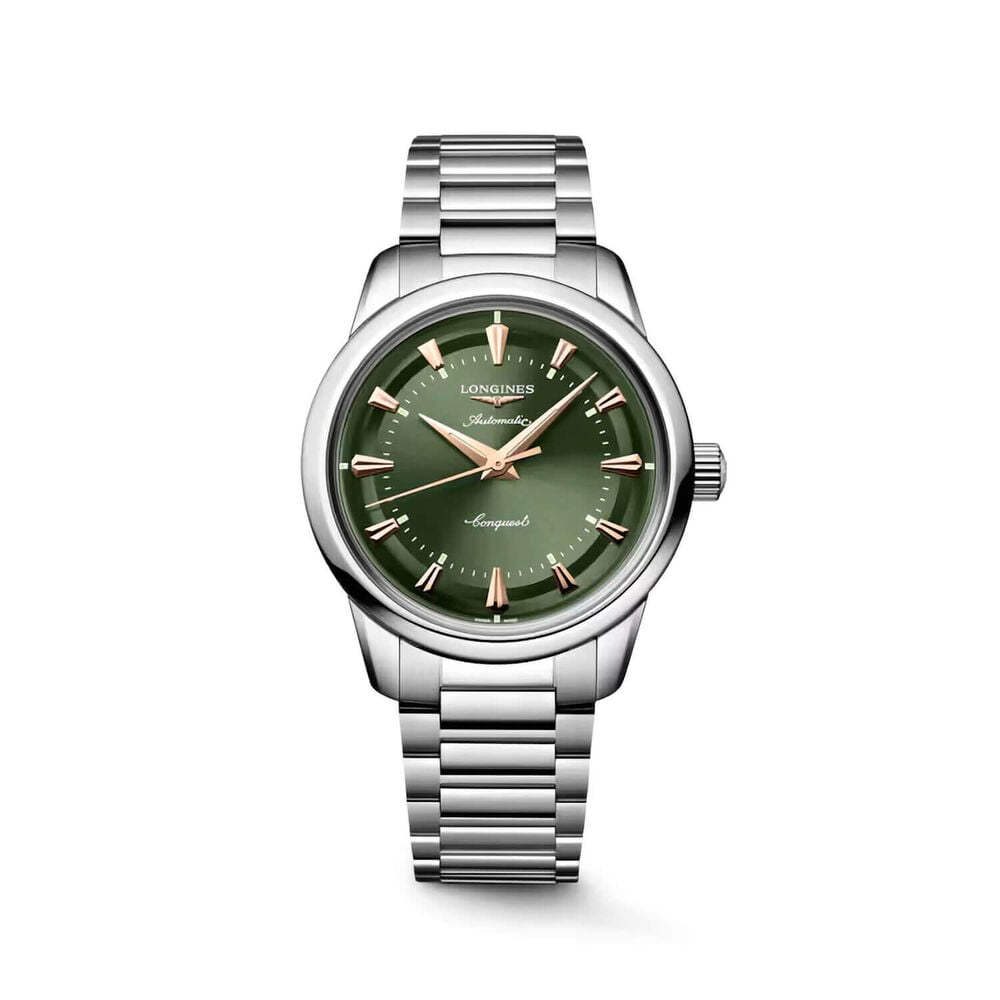 Longines Conquest Heritage 38mm Green Dial & Pink Hands Steel Bracelet Watch