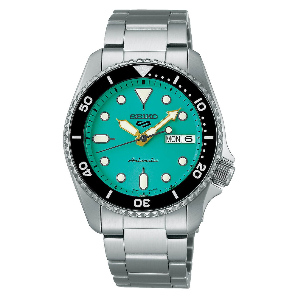 Seiko 5 Sport SKX ""Midi"" Teal 38mm Turquoise Dial Steel Bracelet Watch