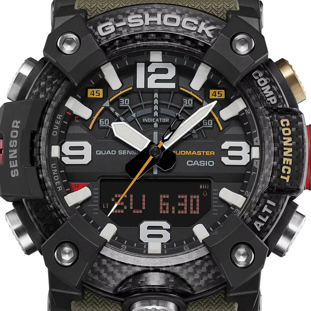 G-SHOCK Master of G Mudmaster 55.4mm Carbon Fibre Bezel & Olive Green Resin Strap Watch