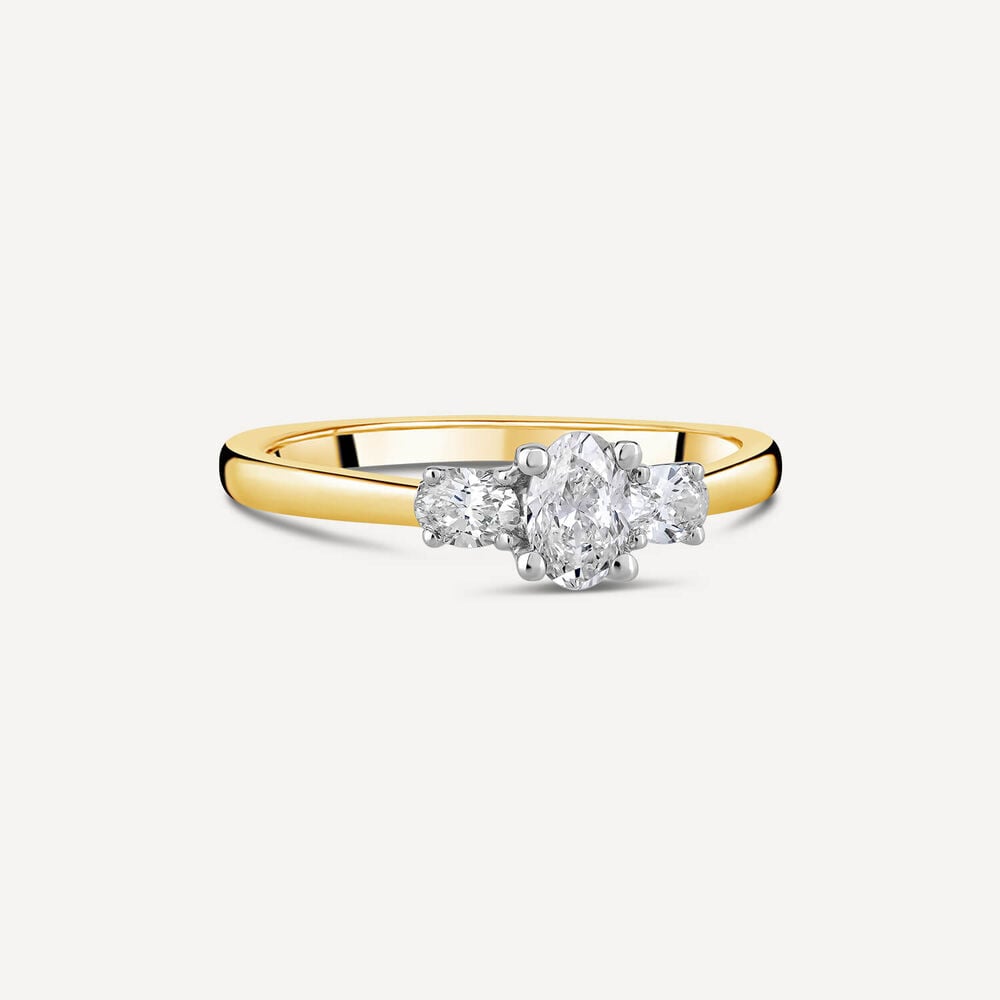18ct Yellow Gold Three Stone Oval Centered 0.66 Carat Diamond Ring