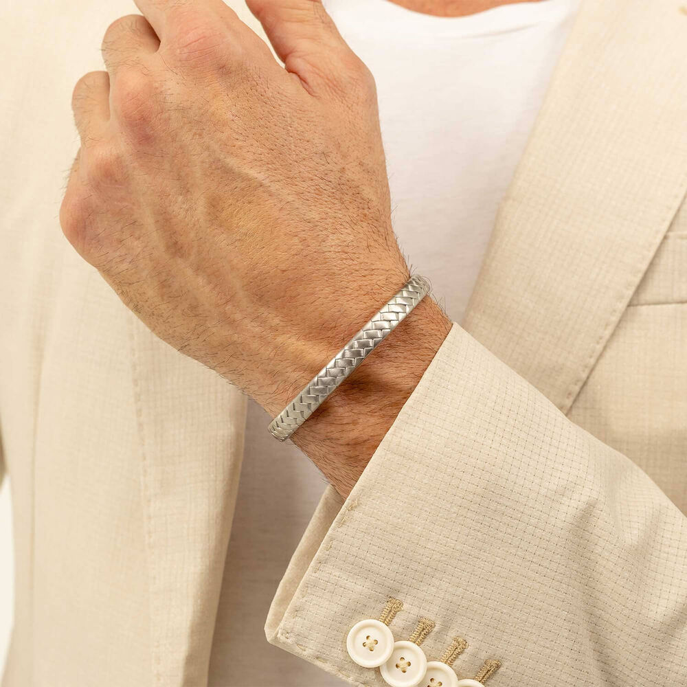 BOSS Tailored Silver Tone Herringbone Pattern Steel Bangle image number 3