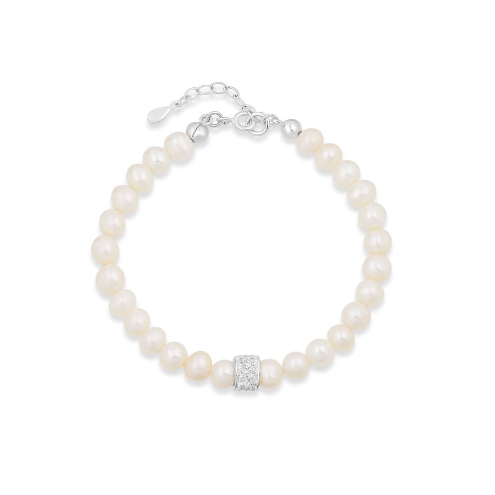 Sterling Silver Freshwater Pearls & Pave Cubic Zirconia Barrel Bracelet image number 0
