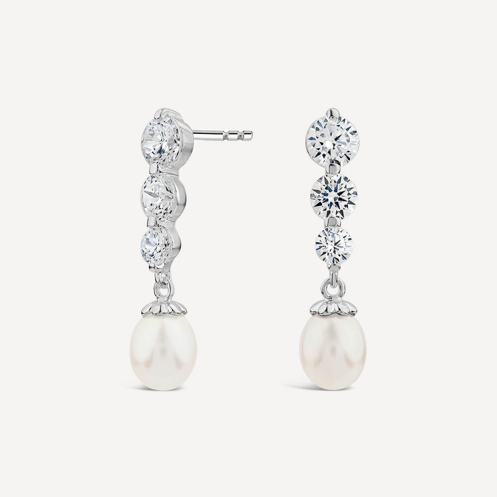 Sterling Silver 3 Cubic Zirconia & Pearl Drop Earrings
