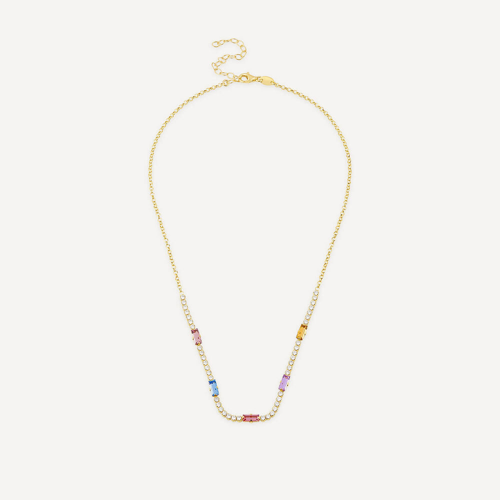Sterling Silver & Yellow Gold Plated Rectangular Colour Stones & Cubic Zirconia Necklet image number 2