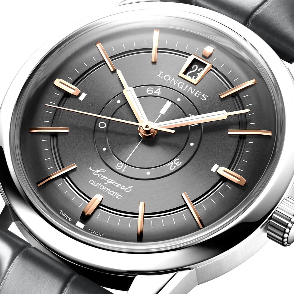 Longines Conquest Heritage Central Power Reserve 38mm Anthracite Dial Grey Leather Strap Watch image number 3