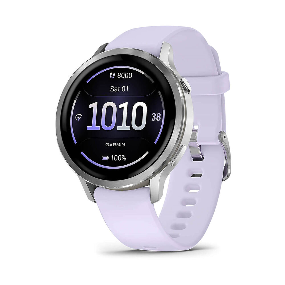 Garmin Venu 4 41mm Silver Bezel Periwinkle Silicone Strap Watch image number 0